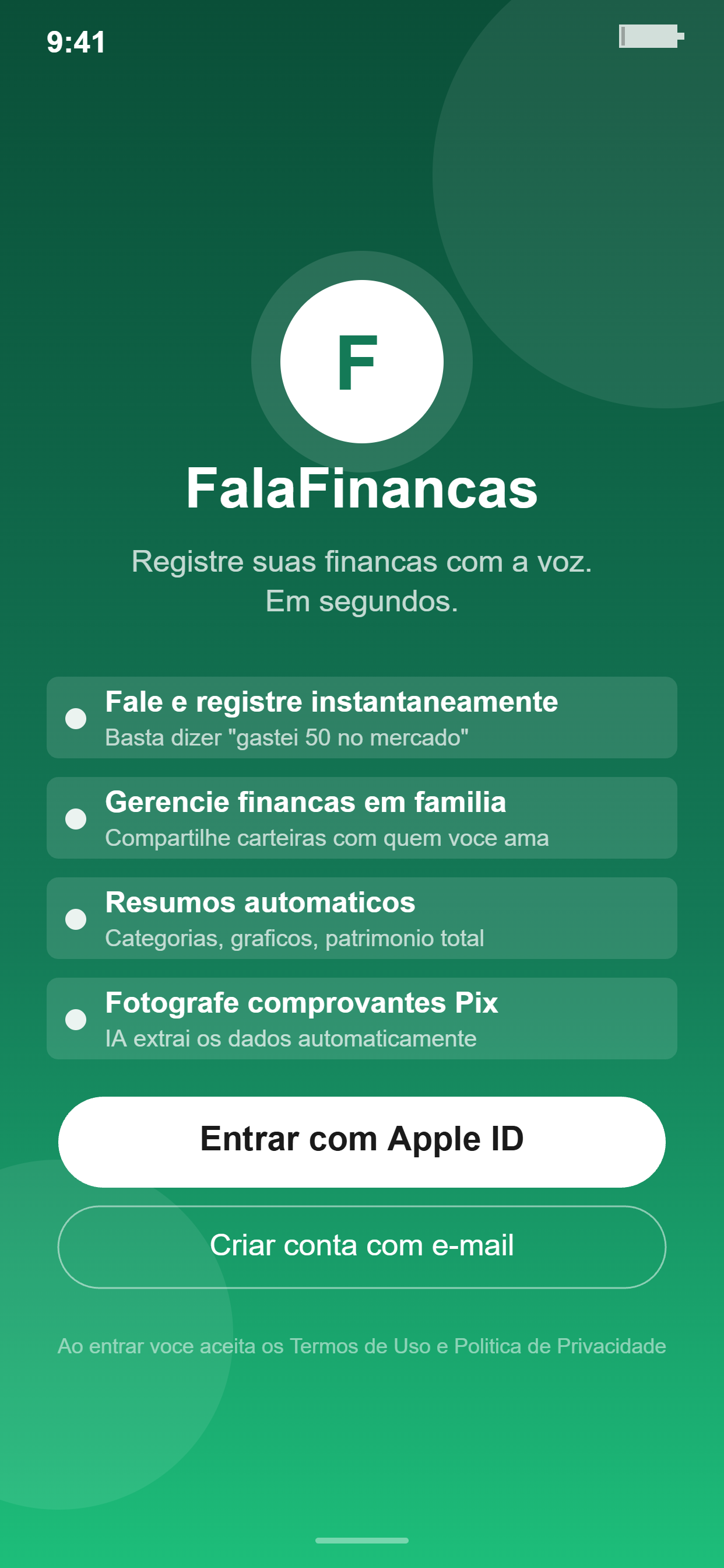 Boas-vindas e proposta do aplicativo FalaFinanças